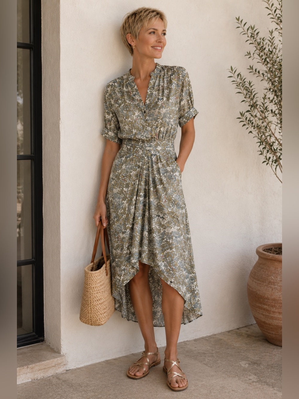 Zadig & Voltaire Printed High-Low Dress in Sage and Cream